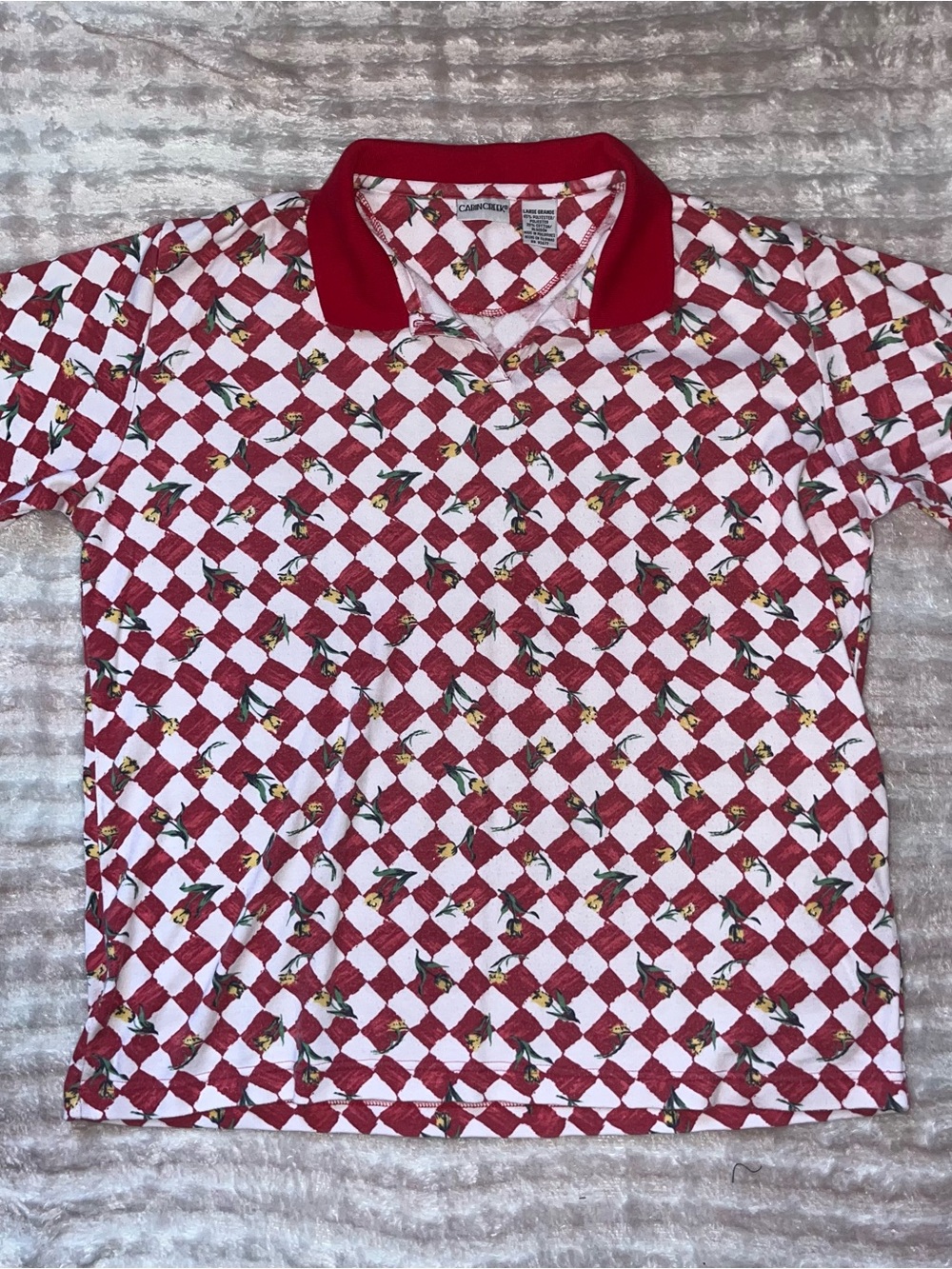Vintage 90s Cabin Creek Red & White Checkered Unisex Polo with Yellow Tulips
